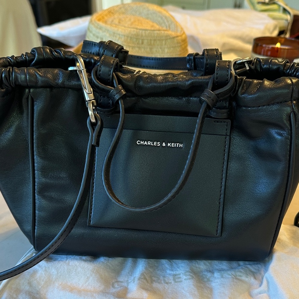 Charles & Keith Black Ruched Leather Shoulder Bag